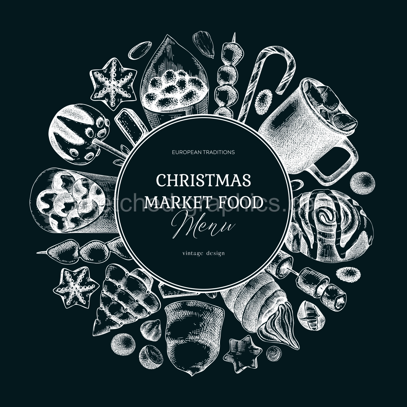 Christmas food background. Christmas market design template. Holiday menu wreath on chalkboard. Sweet food, pastries, candies and hot drink sketches. Hand drawn vector illustration.  Illustration